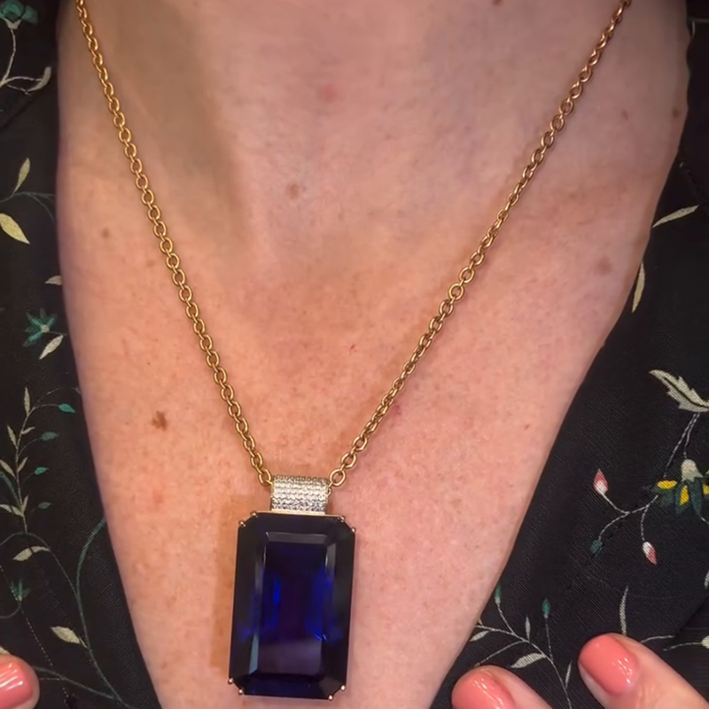 25ct Emerald Cut Blue Sapphire Handmade Pendant Necklace