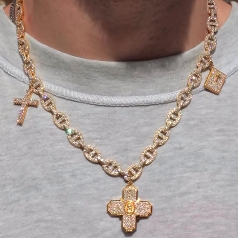 20ctw Round Cut White Sapphire Pave Set Yellow Gold Handmade Men's Link Necklace