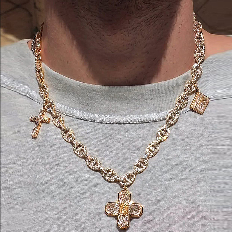 20ctw Round Cut White Sapphire Pave Set Yellow Gold Handmade Men's Link Necklace