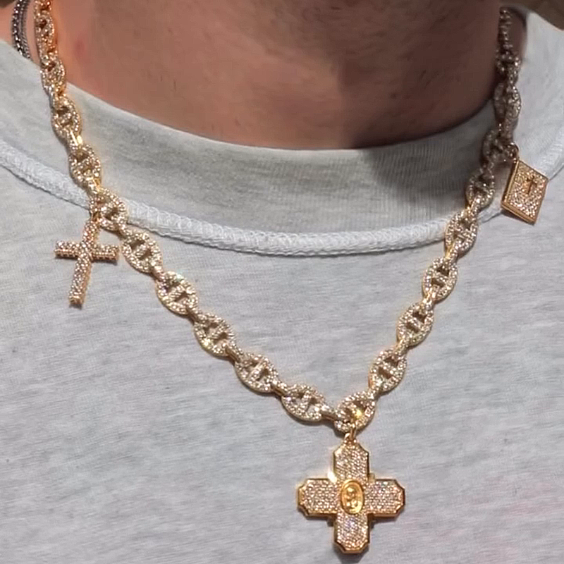 20ctw Round Cut White Sapphire Pave Set Yellow Gold Handmade Men's Link Necklace