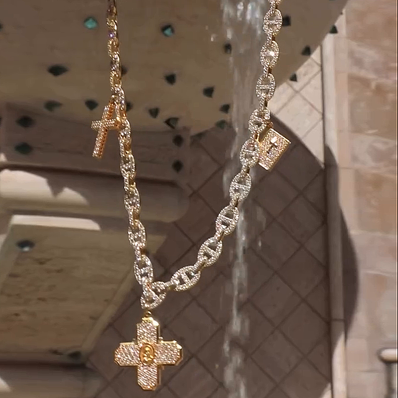 20ctw Round Cut White Sapphire Pave Set Yellow Gold Handmade Men's Link Necklace