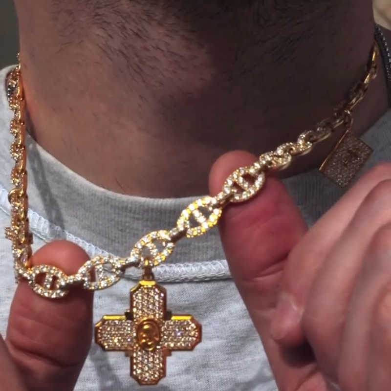 20ctw Round Cut White Sapphire Pave Set Yellow Gold Handmade Men's Link Necklace