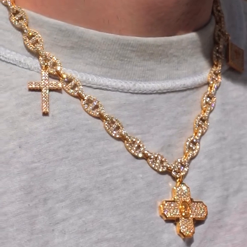 20ctw Round Cut White Sapphire Pave Set Yellow Gold Handmade Men's Link Necklace