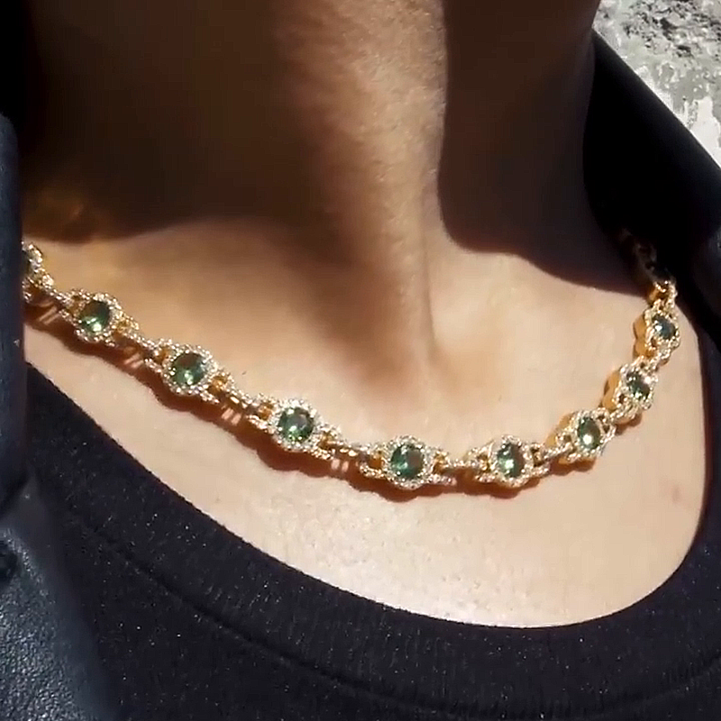 38ctw Round Cut Emerald Halo Pave Set Yellow Gold Men's Canon Link Necklace