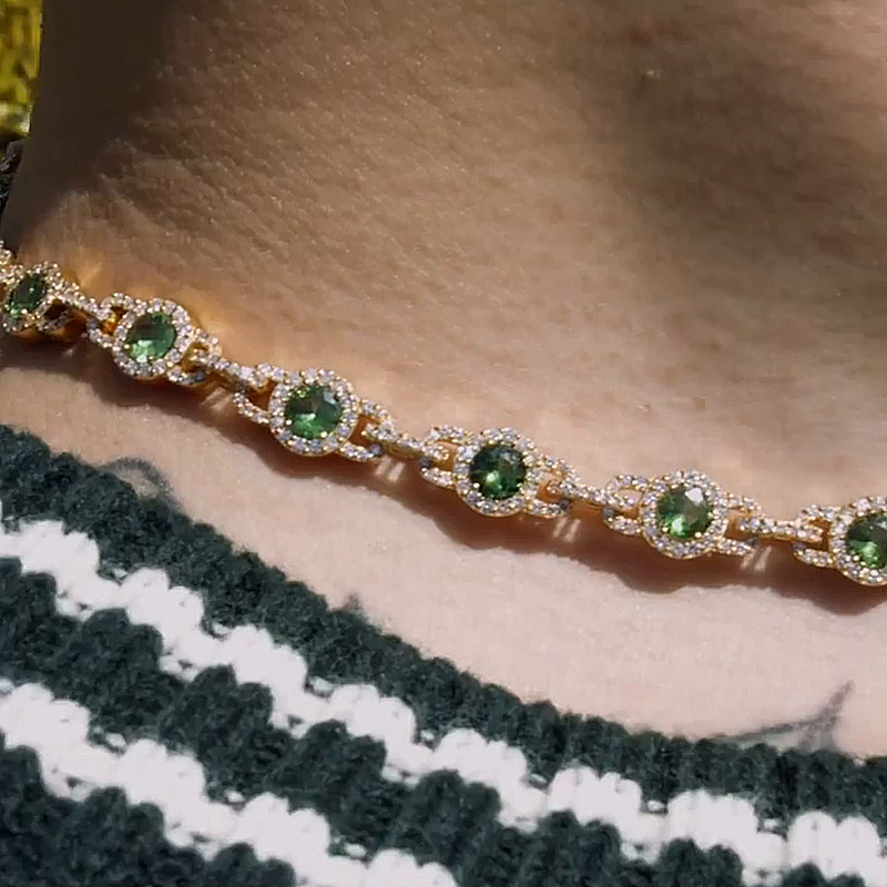 38ctw Round Cut Emerald Halo Pave Set Yellow Gold Men's Canon Link Necklace