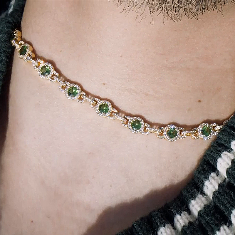 38ctw Round Cut Emerald Halo Pave Set Yellow Gold Men's Canon Link Necklace