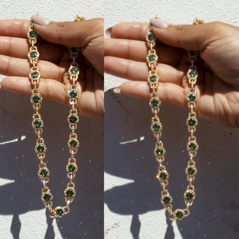 38ctw Round Cut Emerald Halo Pave Set Yellow Gold Men's Canon Link Necklace