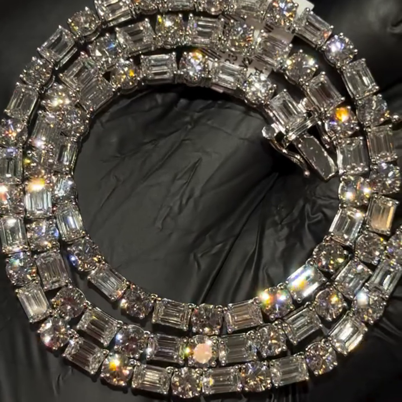 40ctw Emerald & Round Cut White Sapphire Handmade Tennis Men's Tennis Chain Necklace