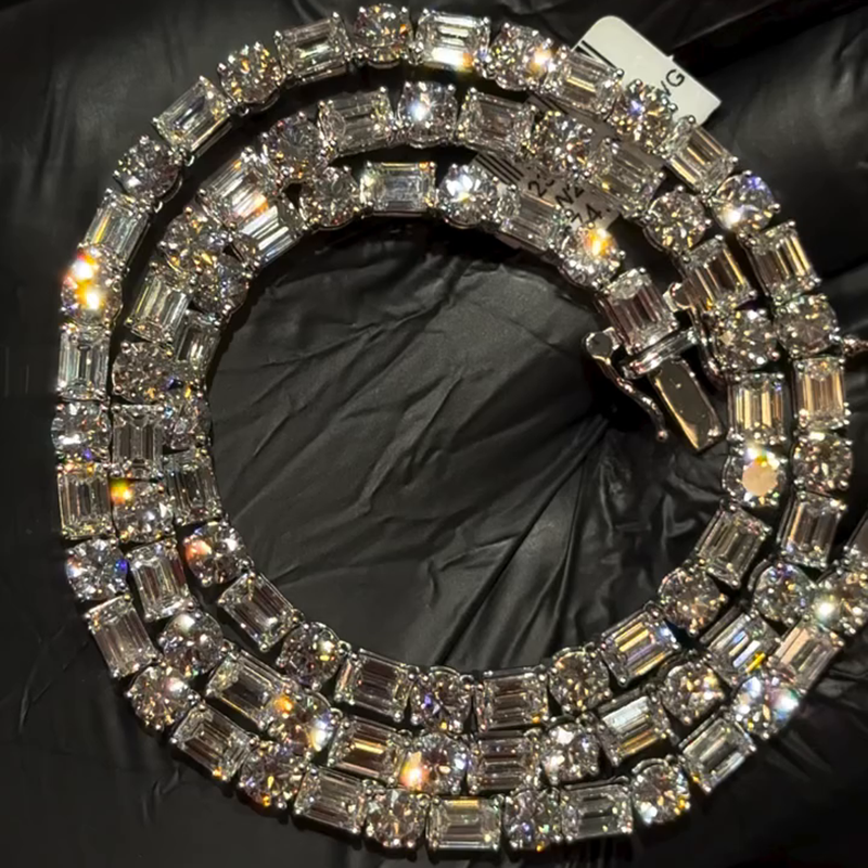 40ctw Emerald & Round Cut White Sapphire Handmade Tennis Men's Tennis Chain Necklace