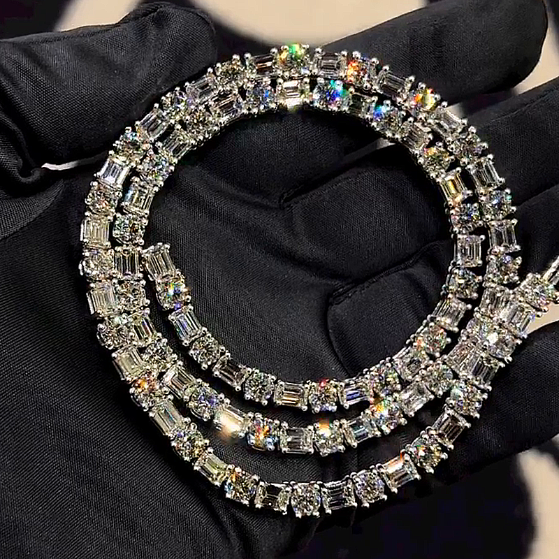 40ctw Emerald & Round Cut White Sapphire Handmade Tennis Men's Tennis Chain Necklace