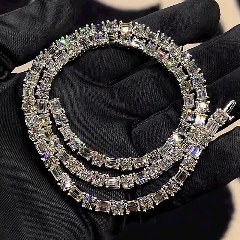 40ctw Emerald & Round Cut White Sapphire Handmade Tennis Men's Tennis Chain Necklace