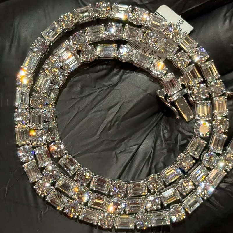 40ctw Emerald & Round Cut White Sapphire Handmade Tennis Men's Tennis Chain Necklace