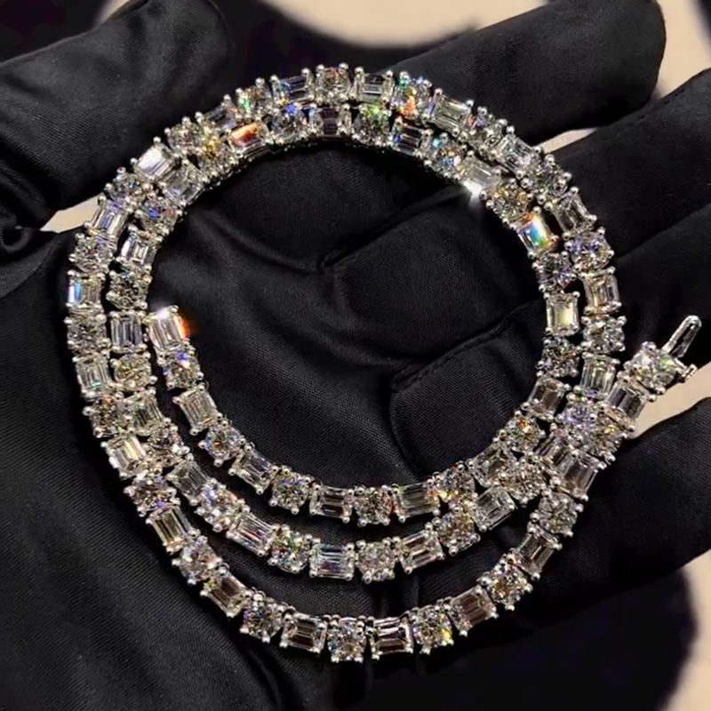 40ctw Emerald & Round Cut White Sapphire Handmade Tennis Men's Tennis Chain Necklace