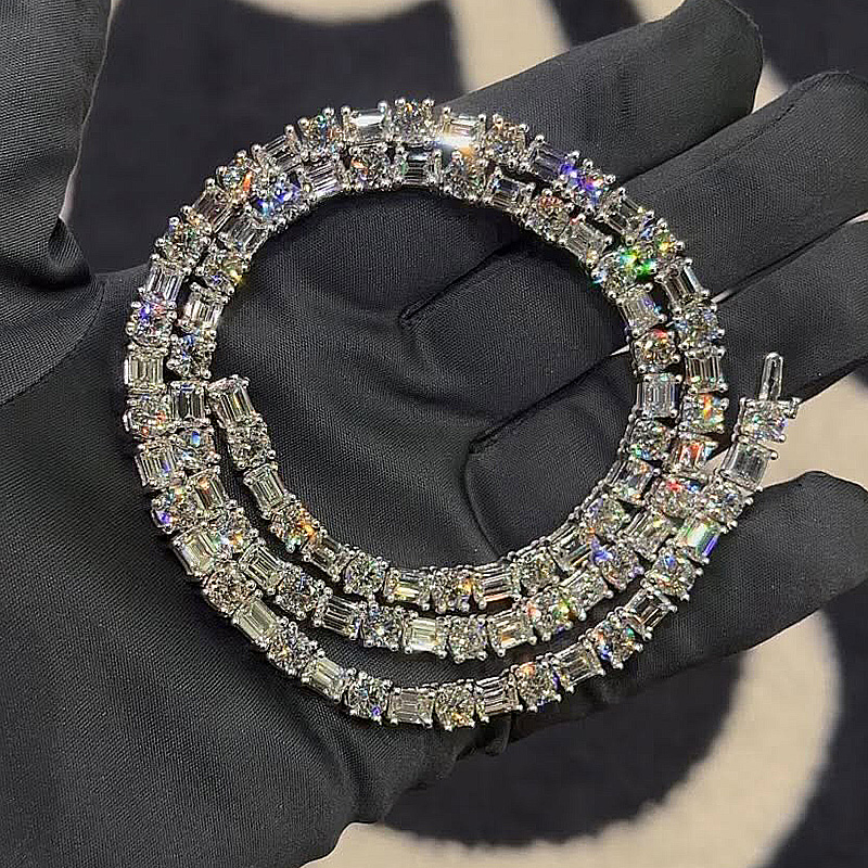 40ctw Emerald & Round Cut White Sapphire Handmade Tennis Men's Tennis Chain Necklace