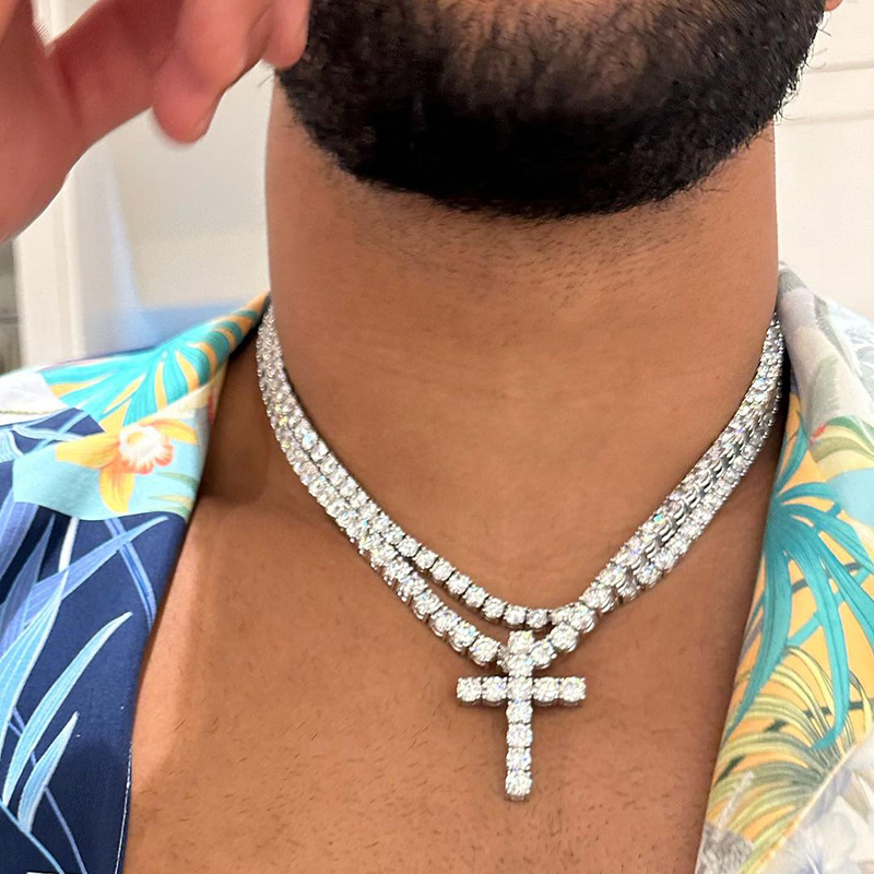 Round Cut 1ct Each Tennis Chain With Cross Pendant Handmade Necklace