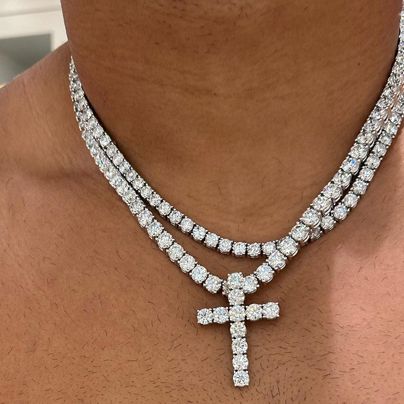 Round Cut 1ct Each Tennis Chain With Cross Pendant Handmade Necklace