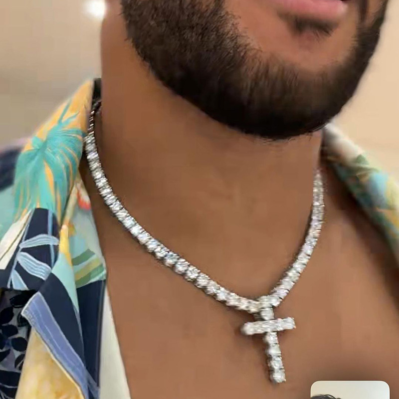 Round Cut 1ct Each Tennis Chain With Cross Pendant Handmade Necklace