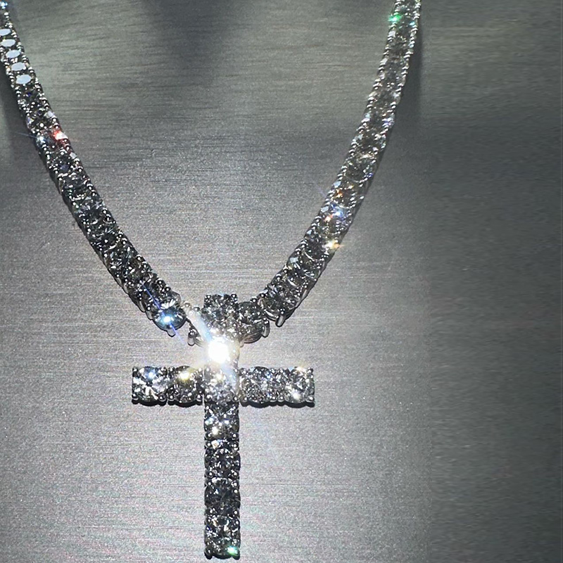 Round Cut 1ct Each Tennis Chain With Cross Pendant Handmade Necklace