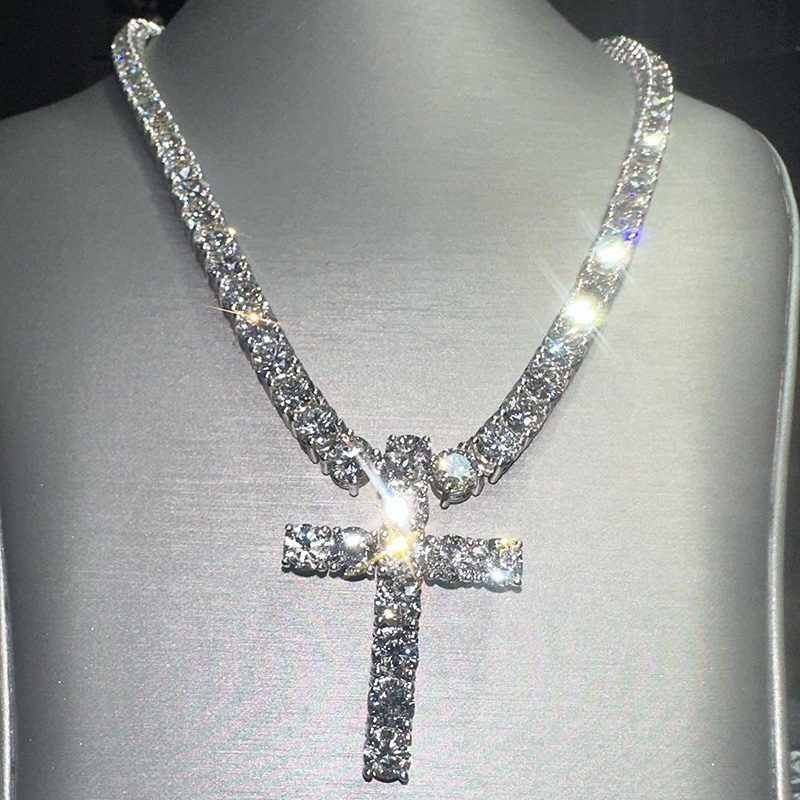 Round Cut 1ct Each Tennis Chain With Cross Pendant Handmade Necklace