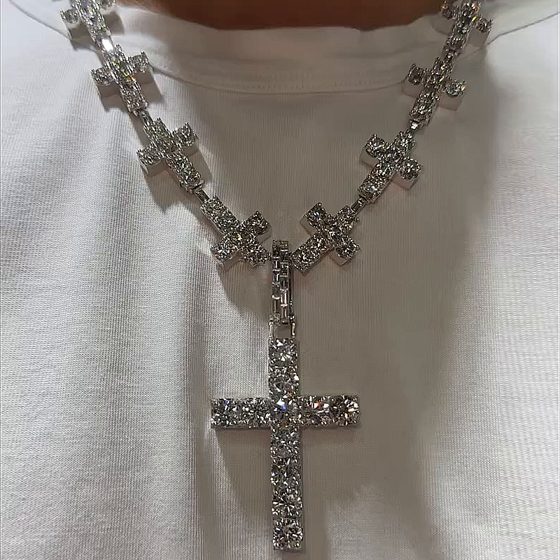 50ctw Round Cut White Sapphire Handmade Men's Cross Necklace