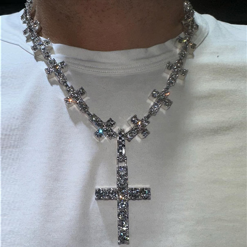 50ctw Round Cut White Sapphire Handmade Men's Cross Necklace