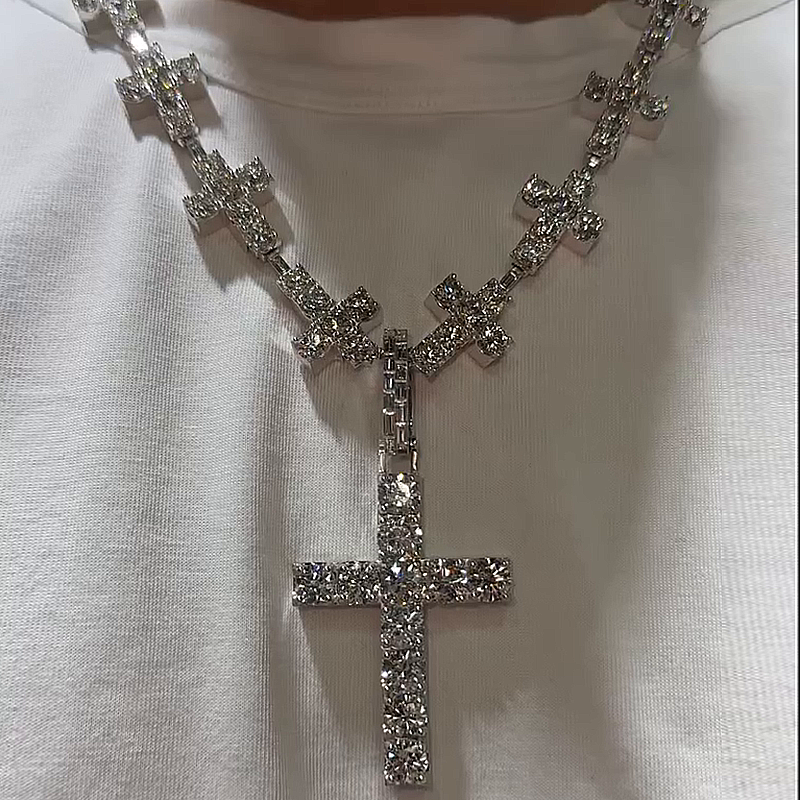 50ctw Round Cut White Sapphire Handmade Men's Cross Necklace