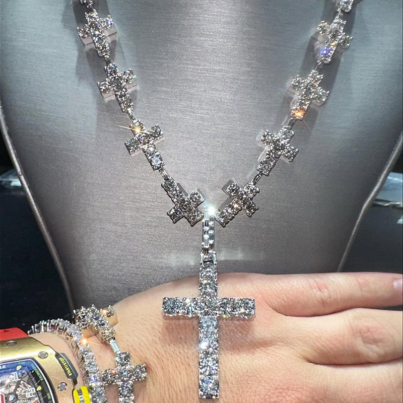 50ctw Round Cut White Sapphire Handmade Men's Cross Necklace