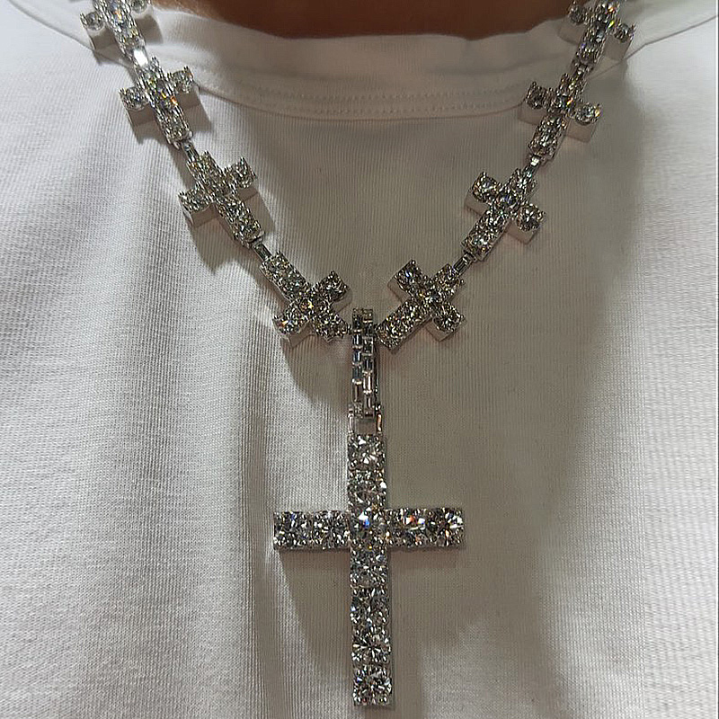 50ctw Round Cut White Sapphire Handmade Men's Cross Necklace