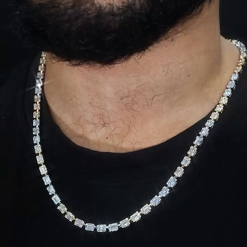 1ct Each Baguette Cut White Sapphire Handmade Men's Chain Necklace