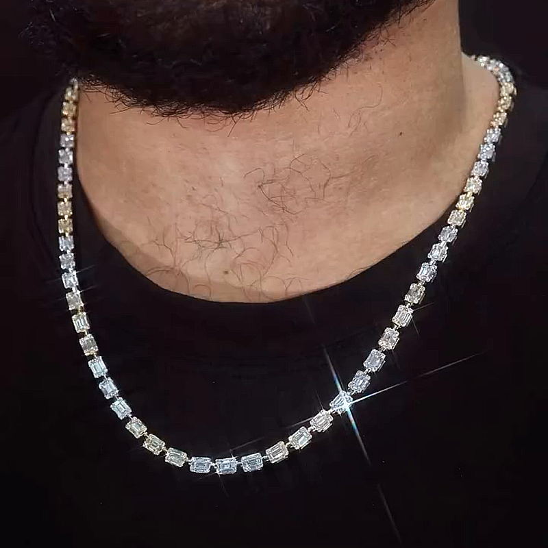 1ct Each Baguette Cut White Sapphire Handmade Men's Chain Necklace