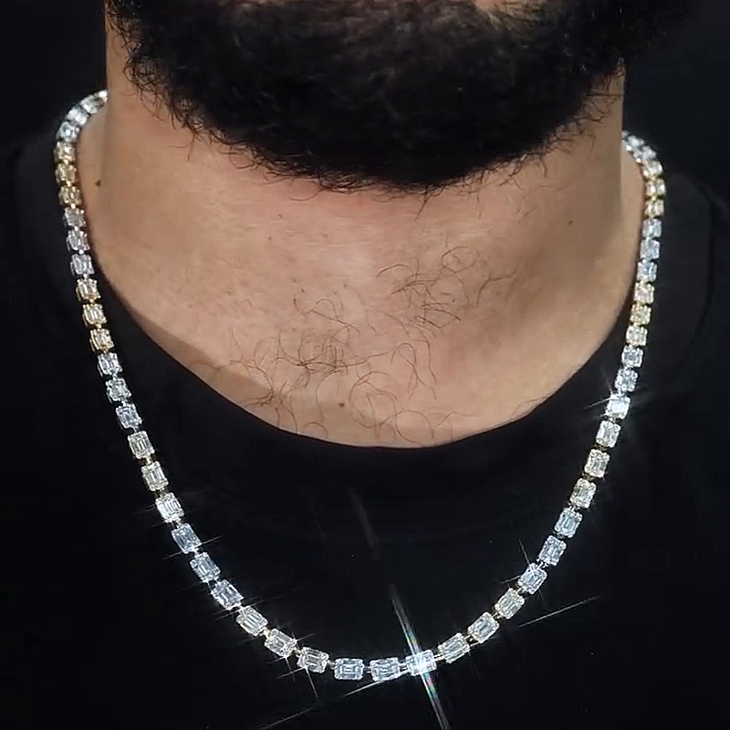 1ct Each Baguette Cut White Sapphire Handmade Men's Chain Necklace