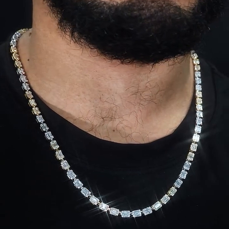 1ct Each Baguette Cut White Sapphire Handmade Men's Chain Necklace