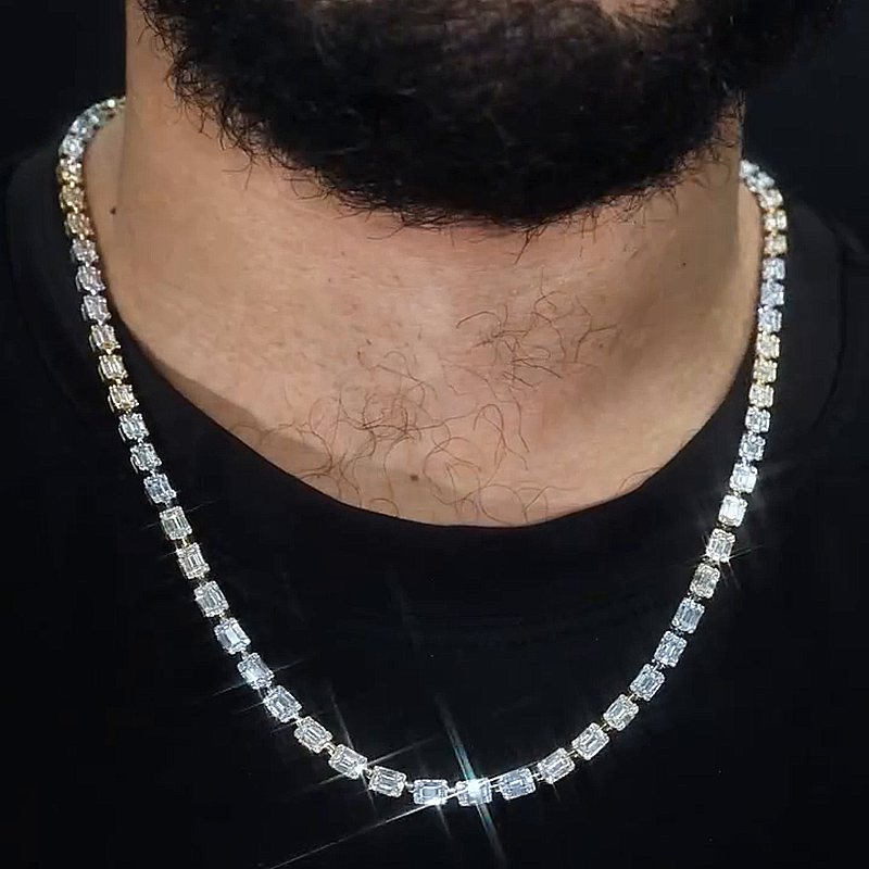 1ct Each Baguette Cut White Sapphire Handmade Men's Chain Necklace