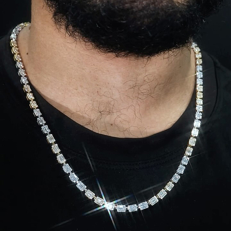 1ct Each Baguette Cut White Sapphire Handmade Men's Chain Necklace