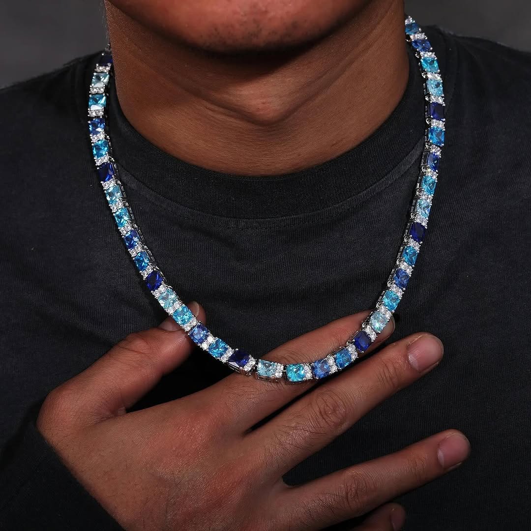 45ctw Blue Mixed Radiant Cut Handmade Men's Tennis Necklace