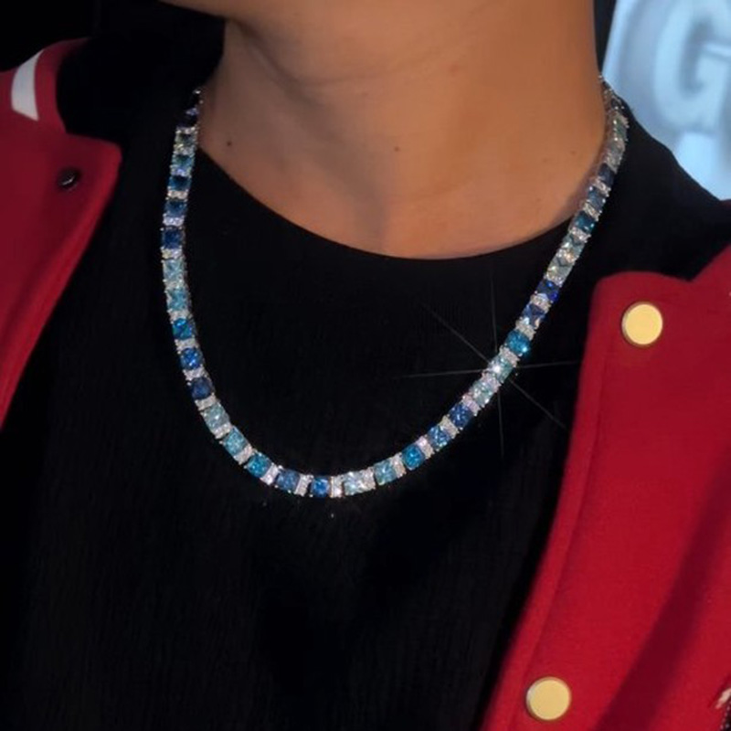 45ctw Blue Mixed Radiant Cut Handmade Men's Tennis Necklace