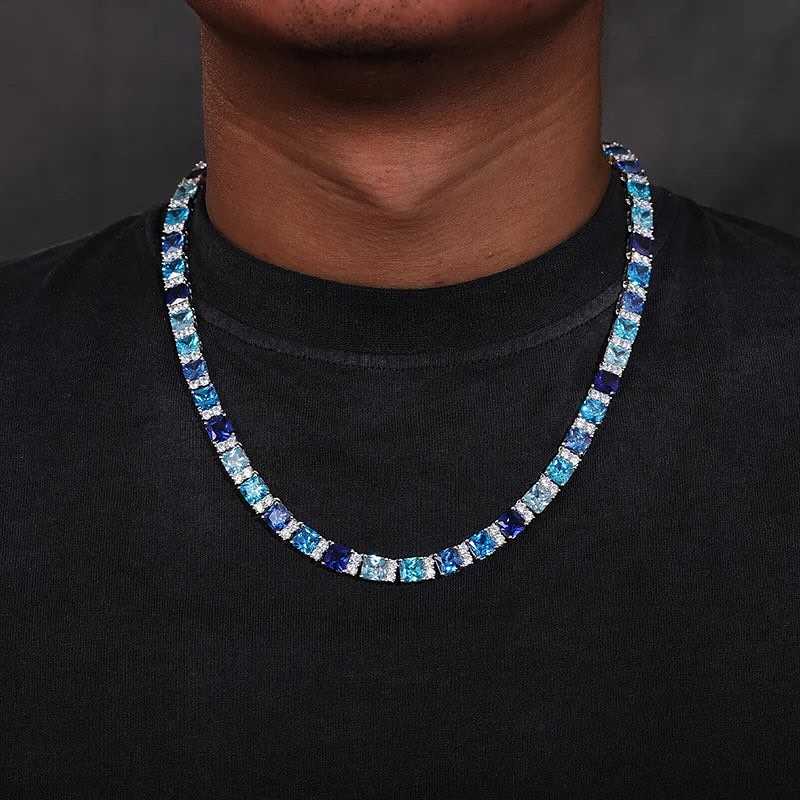 45ctw Blue Mixed Radiant Cut Handmade Men's Tennis Necklace