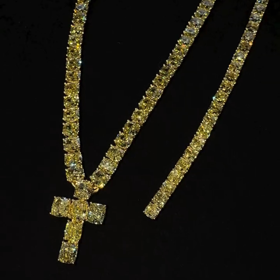 30ct cushion cut yellow diamond cross sterling silver plated gold handmade necklace