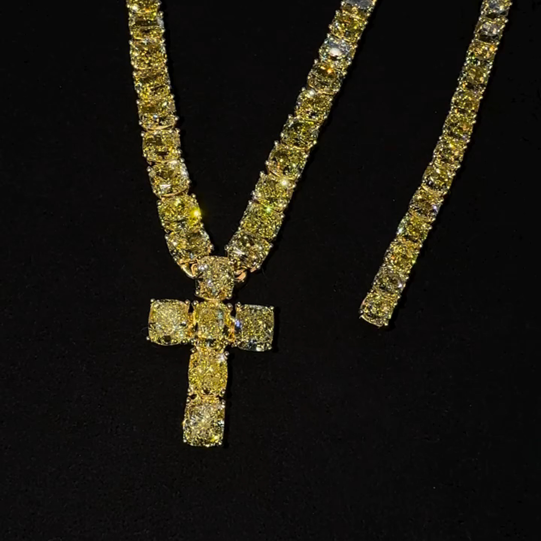 30ct cushion cut yellow diamond cross sterling silver plated gold handmade necklace