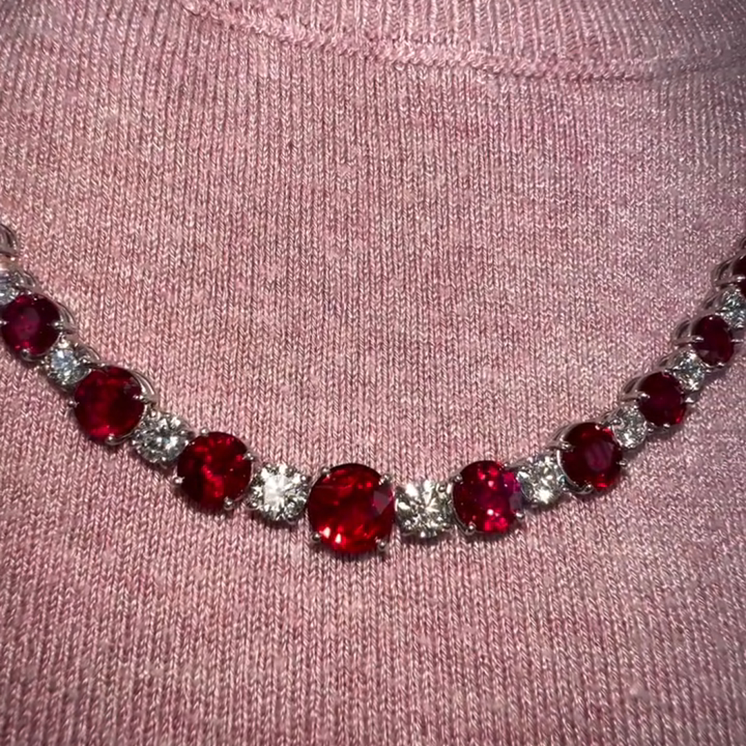 20ct Round Cut Ruby and Diamond Sterling Silver Necklace