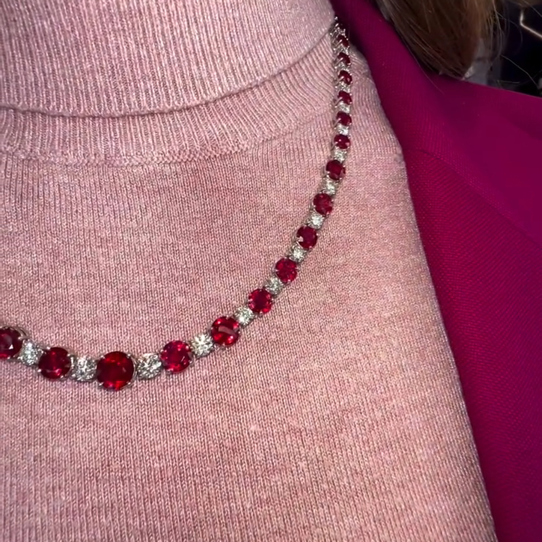 20ct Round Cut Ruby and Diamond Sterling Silver Necklace