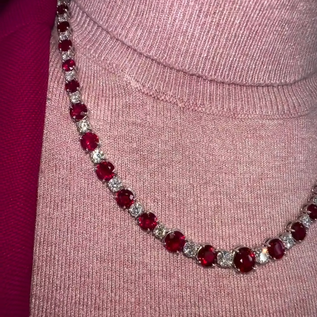 20ct Round Cut Ruby and Diamond Sterling Silver Necklace