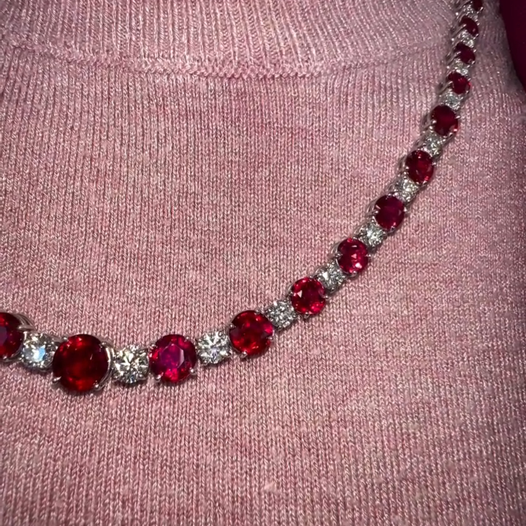 20ct Round Cut Ruby and Diamond Sterling Silver Necklace