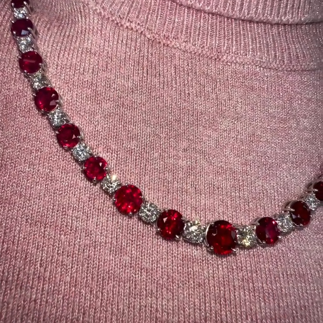20ct Round Cut Ruby and Diamond Sterling Silver Necklace