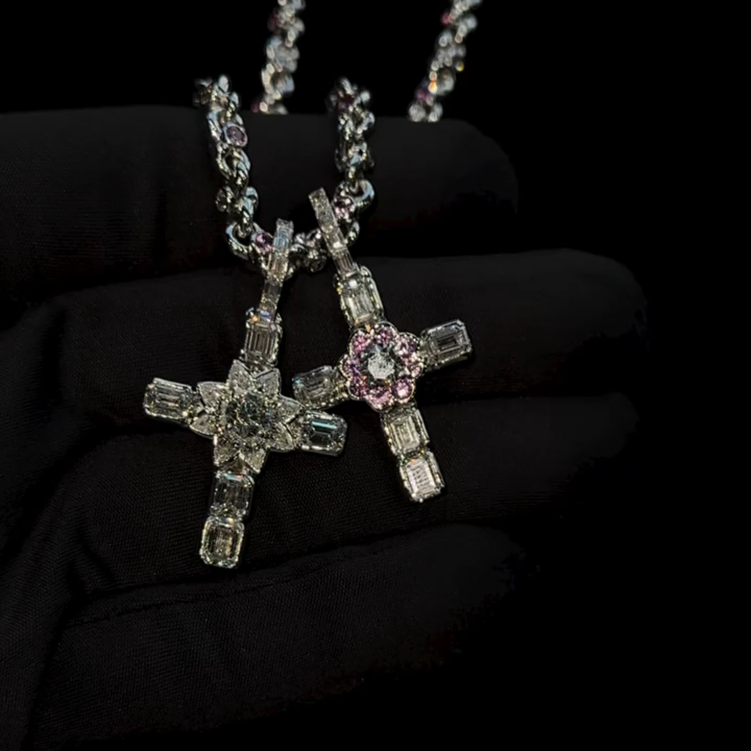 30ct Emerald Cut Diamond Cross Design Luxury Sterling Silver Handmade Necklace