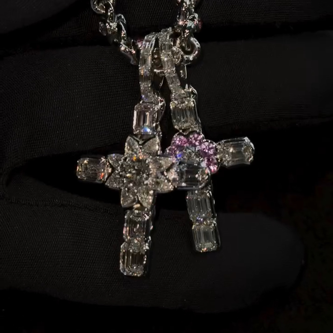 30ct Emerald Cut Diamond Cross Design Luxury Sterling Silver Handmade Necklace