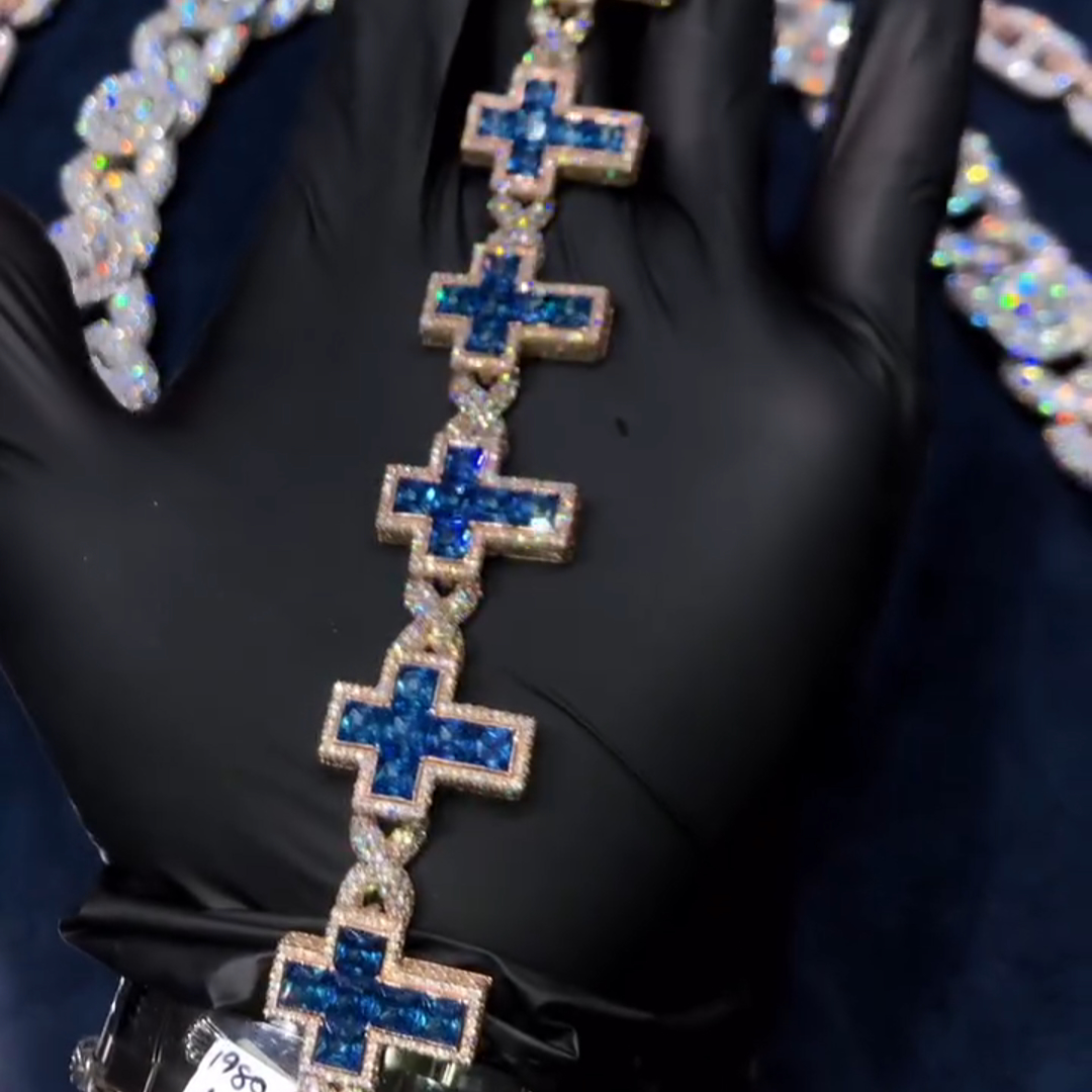 105ctw cushion cut sapphire and diamond cross design style luxury sterling silver plated rose gold handmade Bracelets