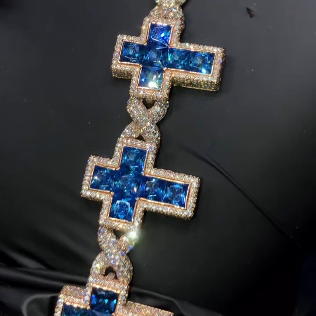 105ctw cushion cut sapphire and diamond cross design style luxury sterling silver plated rose gold handmade Bracelets