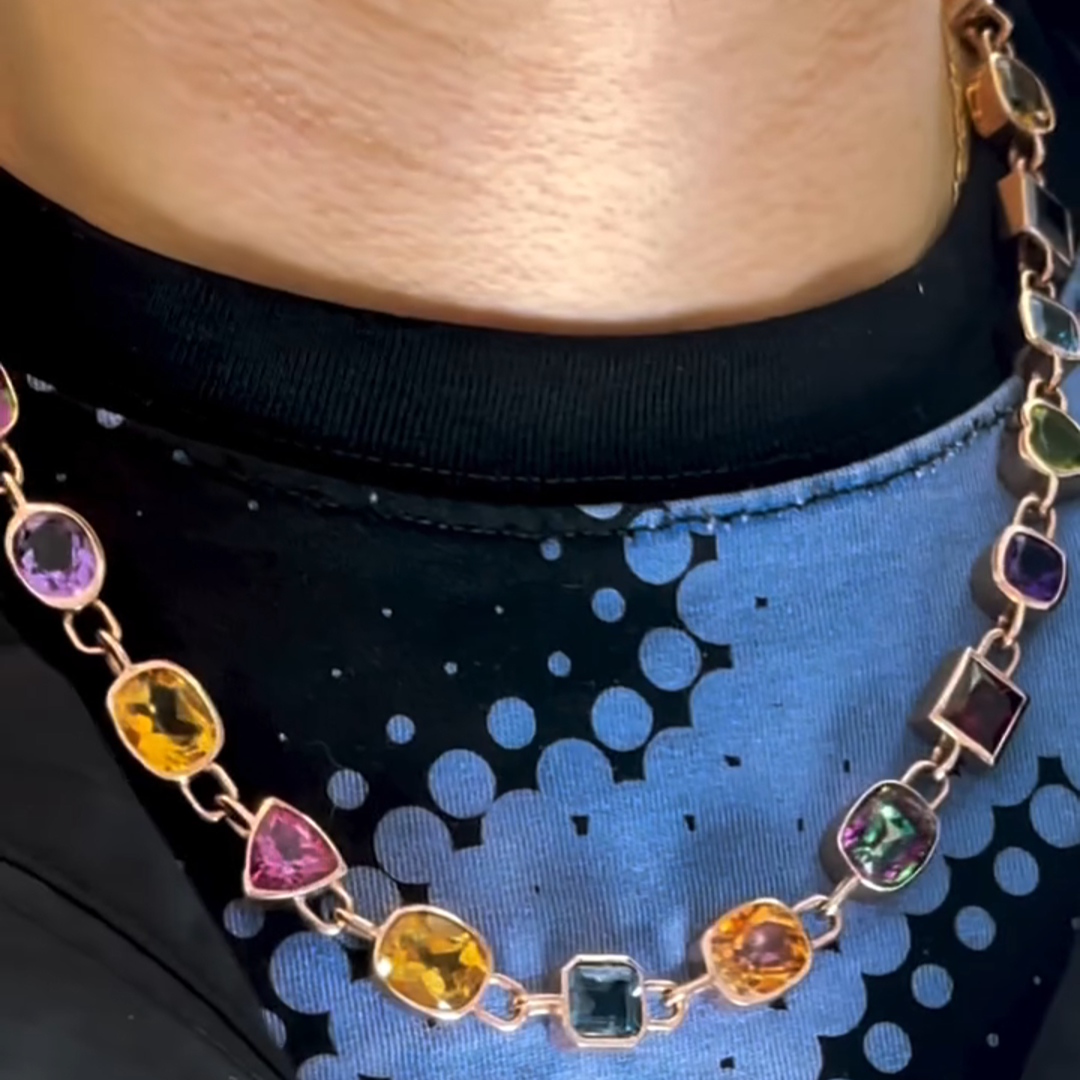 36ctw Multicolor Gemstone Sterling Silver Plated Rose Gold Handmade Men's Necklace