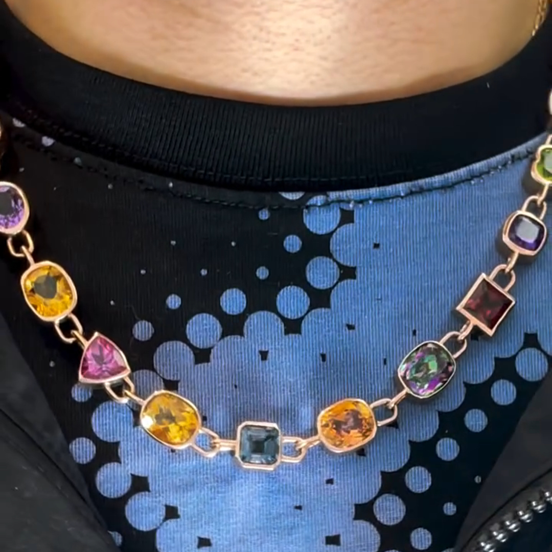 36ctw Multicolor Gemstone Sterling Silver Plated Rose Gold Handmade Men's Necklace